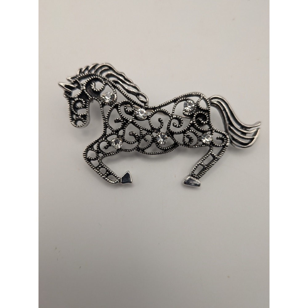 Silver Tone Filigree Horse Brooch Rhinestone Equestrian Pin Galloping 2 Inch